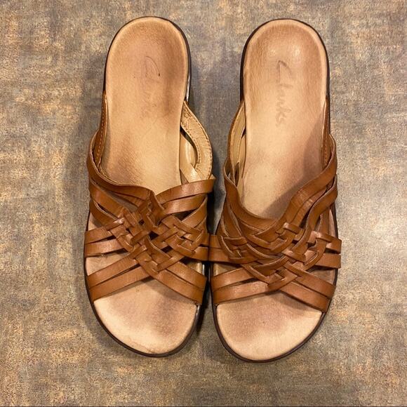 Clarks Artisan Woven Strappy Brown Leather Open Toe Sandals Size 8 Chunky Heel - Picture 2 of 10